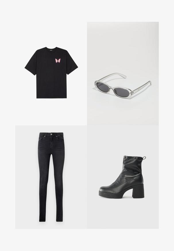 Must muströöpidega must puuvillane T-särk, vasakul rinnal on väike roosa liblikas. Ümar kaelus ja vabalt istuv lõige.; Mustad slim-fit teksapüksid viie taskuga ja nööpehaga, esitatud lihtsa valge tausta ees.; Mustad mustad ansapüksid, mis on valmistatud siledast nahast, külje zipperiga, paksu tekstuuriga kontsaga ja ümmarguse nina disainiga.; Ovaalsed prillid, millel on selge plastraam, tumehallid läätsed ja õhukesed läbipaistvad sangad, kus on logode aktsendid ja minimaalne detailirohkus.