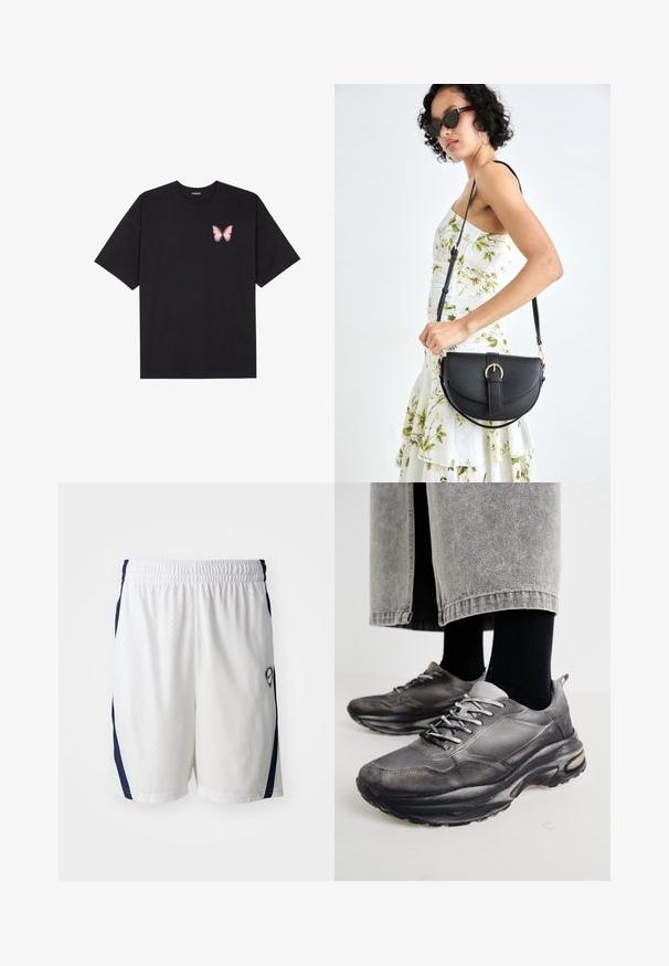 Svart bomulls T-skjorte med korte ermer, med en liten rosa sommerfugl grafikk på venstre bryst. Crew-neck design med en avslappet passform.; Hvite sportsbukser med teksturert stoff, elastisk midjebånd og marineblå detaljer på siden. Har en liten logo nederst til høyre.; Sorte og grå treningssko har en mesh-overdel, tykke såler og snøring. De har en rund tå og synlige dempe detaljer.; Svart lærveske med en buet form, avtagbar stropp og gullbeslag. Vesken har et klaff med spenne-detall.