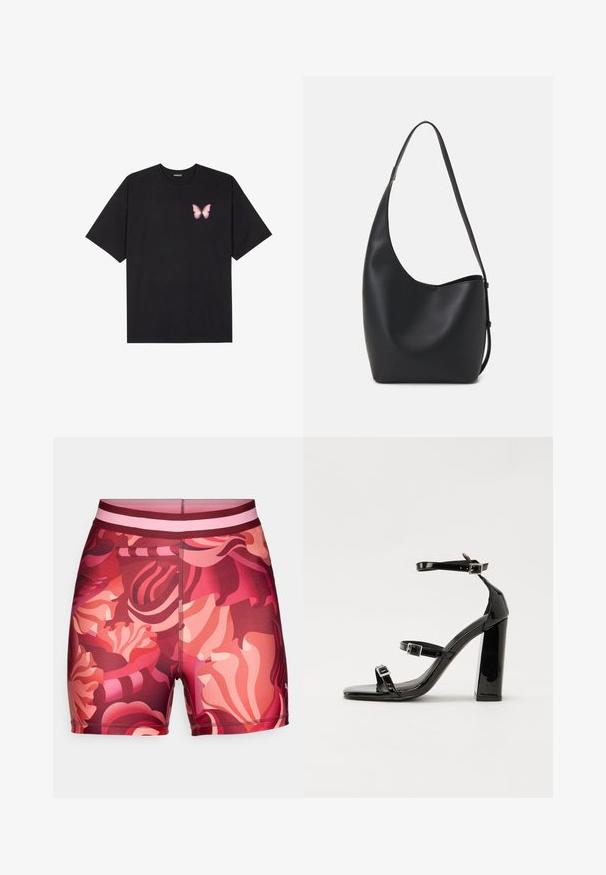 Svart bomulls T-skjorte med korte ermer, med en liten rosa sommerfugl grafikk på venstre bryst. Crew-neck design med en avslappet passform.; Svømmebukser med blomsterdesign i nyanser av rød og rosa, med en blandet design, myk midje og flate sømmer for komfort.; Svart høyglans sandaler med hæl, firkantet tå, ankelremmer og sølvspenner. Har en kraftig blokkhæl for stabilitet.; Svart lær hobo-veske med glatt tekstur, buet form og enkelt justerbart stropp; har en bred åpning på toppen.