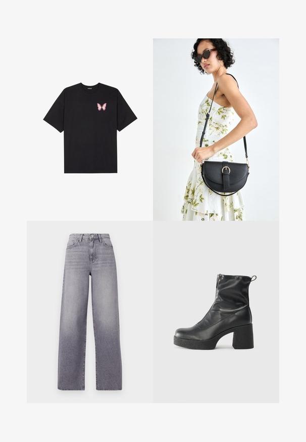 Melna kokvilnas T-krekls ar īsām piedurknēm, kuram priekšā kreisajā pusē ir neliels rozā tauriņa grafiskais attēls. Ar apaļu kaklu un brīvā stila piegriezumu.; Augstas jostas, plata kāju džinsi gaiši pelēkā denimā. Iezīmē klasisku piecu kabatu dizainu, maigu izbalēšanu un metāla pogu aizdari.; Melni potītes zābaki, kas izgatavoti no gludas ādas, ar sānu rāvējslēdzēju, masīvu strukturētu papēdi un noapaļotu purngalu.; Melnas ādas rokassoma ar izliekta formu, noņemamu siksnu un zelta aksesuāriem. Somai ir vāciņš ar sprādzes detaļu.