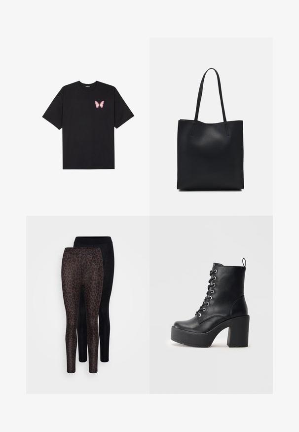 Svart bomulls T-skjorte med korte ermer, med en liten rosa sommerfugl grafikk på venstre bryst. Crew-neck design med en avslappet passform.; To par med tights: en svart og en leopardmønstret med brune flekker på en mørk bakgrunn. Begge er tettsittende og har en jevn tekstur.; Sorte læder ankelstøvle med en kraftig blokhæl, snøre foran og tekstureret overflade. Har en flap på bagsiden for nem påtagning.; Svart lær tote bag med glatt tekstur, rektangulær form og to lange håndtak. Ingen synlige deler eller dekorasjoner.