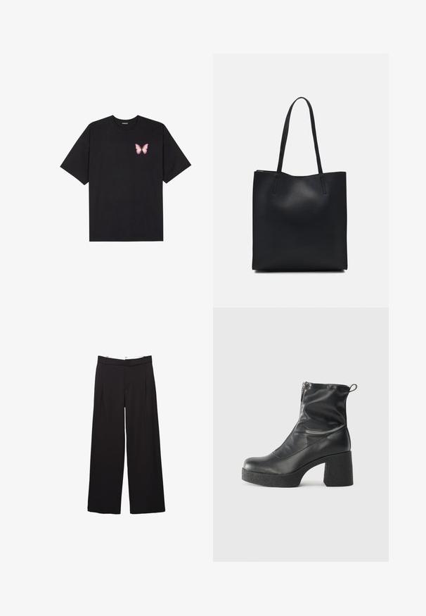 Čierne bavlnené tričko s krátkymi rukávmi, s malým ružovým motýlikom na ľavej hrudi. Design s okrúhlym výstrihom a uvoľneným strihom.; Čierne, široké nohavice s žehlením vpredu, pútka na opasok a skrytým zapínaním vpredu.; Čierne členkové topánky z hladkej kože, so bočným zipsom, robustnou textúrovanou pätnou časťou a zaobleným dizajnom špičky.; Čierna kožená taška na rameno s hladkým povrchom, obdĺžnikovým tvarom a dvoma dlhými uchami. Bez viditeľného kovania alebo ozdôb.