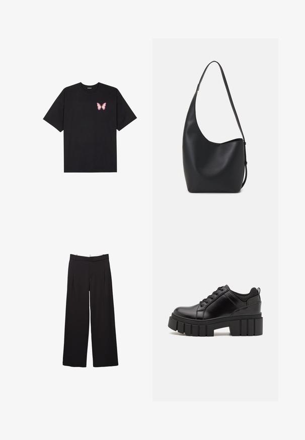 Čierne bavlnené tričko s krátkymi rukávmi, s malým ružovým motýlikom na ľavej hrudi. Design s okrúhlym výstrihom a uvoľneným strihom.; Čierne, široké nohavice s žehlením vpredu, pútka na opasok a skrytým zapínaním vpredu.; Čierne kožené platformy s masívnym blokovým podpätkom, okrúhlou špičkou a tradičným šnurovaním. Má hladký povrch a minimálne detaily.; Čierna kožená hobo taška so hladkou textúrou, zakriveným tvarom a jedným nastaviteľným popruhom; má široké otvorenie na vrchu.