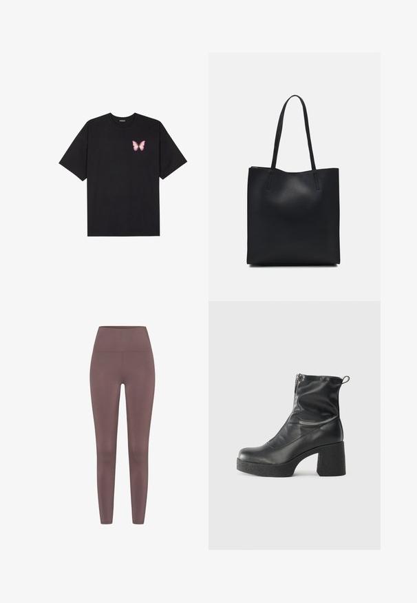 Černé bavlněné tričko s krátkým rukávem, na levém prsou s malou grafikou růžové motýlky. Design s kruhovým výstřihem a volným střihem.; Vysoké legíny v tlumené barvě muškátové, vyrobené z hladké, elastické látky. Mají bezešvý design bez viditelného kovového spojení.; Černé kotníkové boty vyrobené z hladké kůže, s bočním zipem, robustním strukturovaným podpatkem a kulatou špičkou.; Černá kožená taška přes rameno s hladkým povrchem, obdélníkovým tvarem a dvěma dlouhými uchy. Žádné viditelné kování ani ozdoby.