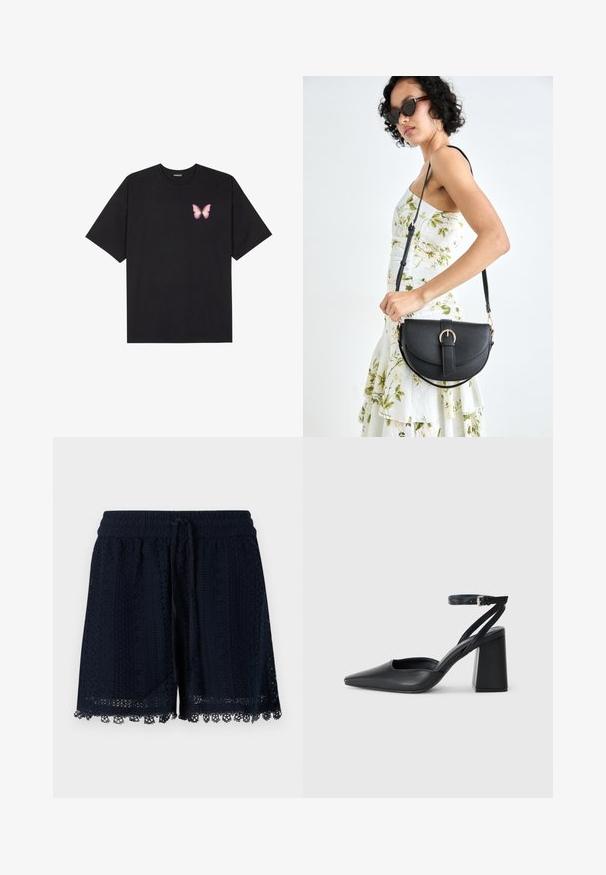Crna pamučna majica s kratkim rukavima, s malim grafičkim prikazom ružičaste vjetricaste s desne strane na prsima. Dizajn s okruglim izrezom i opuštenim krojem.; Mornarske plave kratke hlače od kukičane tkanine koja ima strukturirani uzorak i čipkani rub na donjem dijelu. Elastična pojas s vezicom.; Crne kožne cipele s špicastim vrhom, remenom oko gležnja i debelim potplatom. Ravna tekstura, elegantan dizajn i minimalistička estetika.; Crna kožna torba s lukovitim oblikom, odvojivim remenom i zlatnim detaljima. Torba ima preklop s kopčom.