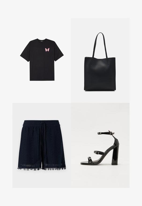 Schwarzes Baumwoll-T-Shirt mit kurzen Ärmeln, das ein kleines pinkes Schmetterlingsmotiv auf der linken Brust zeigt. Crewneck-Design mit einem entspannten Schnitt.; Marineblaue Shorts aus gehäkeltem Stoff mit einem strukturierten Muster und Spitze am Saum. Elastischer Bund mit Kordelzug.; Schwarze Lackleder-Sandalen mit hohen Absätzen, zwei Riemen mit Schnallen, quadratischer Zehenpartie und klobigem Blockabsatz, mit einer glatten, glänzenden Textur.; Schwarze Laptoptasche aus Leder mit glatter Textur, rechteckiger Form und zwei langen Griffen. Keine sichtbaren Beschläge oder Verzierungen.