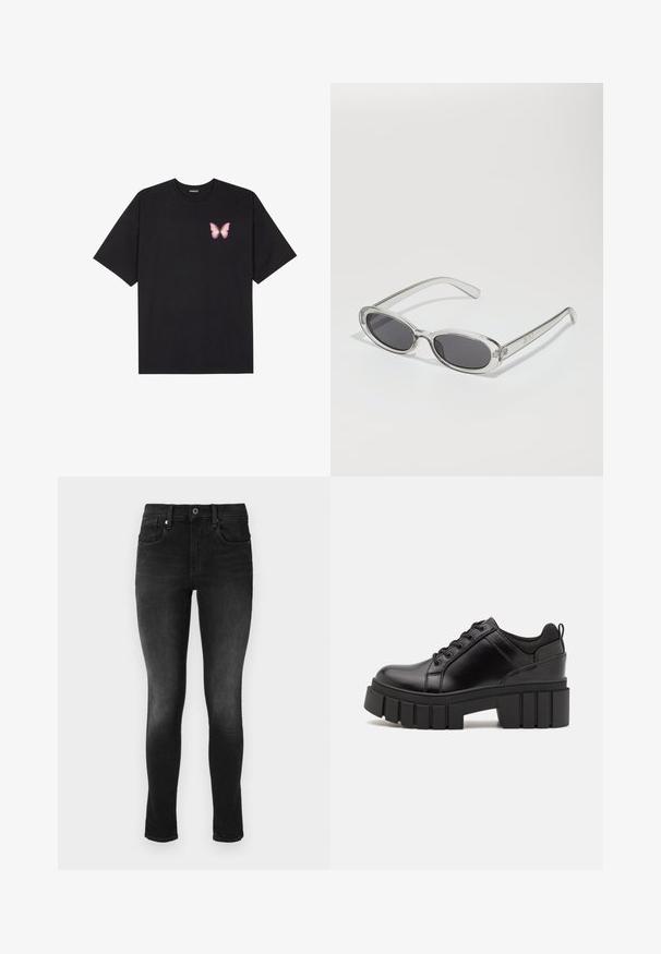 T-shirt de algodão preto com mangas curtas, apresentando um pequeno gráfico de borboleta rosa no lado esquerdo do peito. Design de gola redonda com um corte solto.; Jeans skinny pretos feitos de denim. As características incluem um fecho de botão, passadores para cinto e bolsos frontais. Textura suave com leve desbotamento.; Sapatos de plataforma em couro preto com um salto bloco robusto, bico redondo e design clássico de atacadores. Apresentam uma textura suave e detalhes mínimos.; Óculos de sol com formato oval, armação de plástico transparente, lentes cinza-escuro e hastes finas transparentes com detalhes do logótipo e um design minimalista.