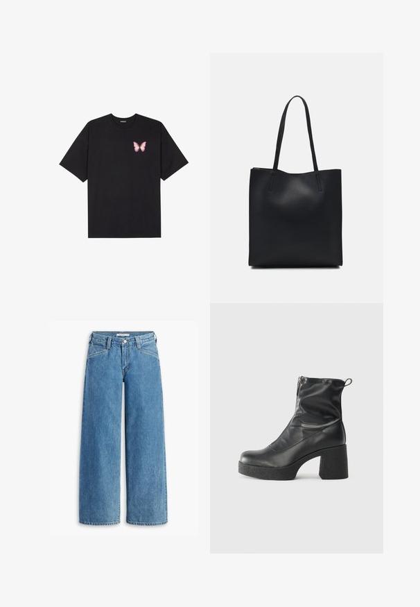 Melna kokvilnas T-krekls ar īsām piedurknēm, kuram priekšā kreisajā pusē ir neliels rozā tauriņa grafiskais attēls. Ar apaļu kaklu un brīvā stila piegriezumu.; Gaišzilās, platās kājas džinsi, izgatavoti no denima, ar augstu jostasvietu, piecām kabatām un klasisku pogu aizdari. Taisnais piegriezums no augšstilba līdz apakšai.; Melni potītes zābaki, kas izgatavoti no gludas ādas, ar sānu rāvējslēdzēju, masīvu strukturētu papēdi un noapaļotu purngalu.; Melnas ādas somiņa ar gludu tekstūru, taisnstūra formu un divām garām rokturiem. Nav redzamu aparatūras vai rotājumu.