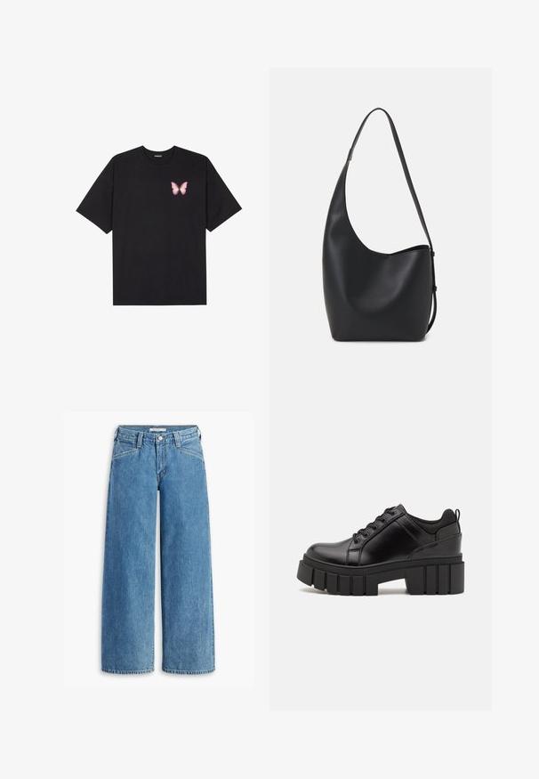 Crna pamučna majica s kratkim rukavima, s malim grafičkim prikazom ružičaste vjetricaste s desne strane na prsima. Dizajn s okruglim izrezom i opuštenim krojem.; Svijetloplave široke traperice visokog struka, s pet džepova i klasičnom dugmadi. Ravnog kroja od butina do rubova.; Crne kožne platforme s debelim blok-peta, okruglim prstima i klasičnim dizajnom vezanja. Imaju gladak tekstur i minimalne detalje.; Crna kožna hobo torba s glatkom teksturom, zakrivljenim oblikom i jednom podesivom trakicom; ima širok otvor na vrhu.