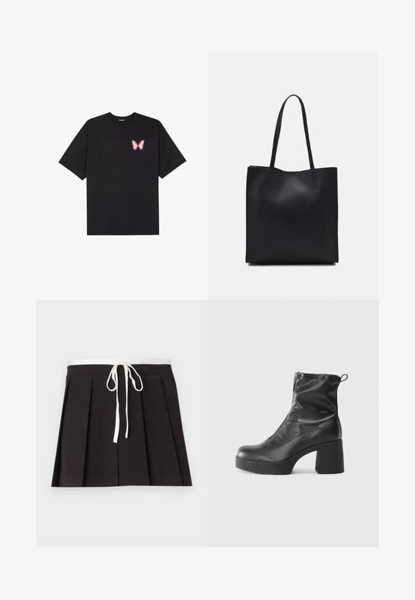Black cotton t-shirt with short sleeves, featuring a small pink butterfly graphic on the left chest. Crew neck design with a relaxed fit.; Black pleated skirt with a white woven drawstring waist. Made of soft fabric, featuring a smooth texture and a simple, classic design.; Black ankle boots made of smooth leather, featuring a side zipper, chunky textured heel, and rounded toe design.; Black leather tote bag with smooth texture, rectangular shape, and two long handles. No visible hardware or embellishments.