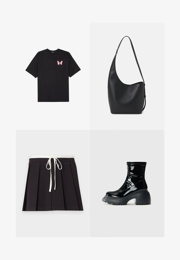 Black cotton t-shirt with short sleeves, featuring a small pink butterfly graphic on the left chest. Crew neck design with a relaxed fit.; Black pleated skirt with a white woven drawstring waist. Made of soft fabric, featuring a smooth texture and a simple, classic design.; Glossy black platform ankle boot with rounded toe, chunky heel, zipper closure, and thick ridged sole against a white background.; Black leather hobo bag with a smooth texture, curved shape, and single adjustable strap; features a wide opening at the top.
