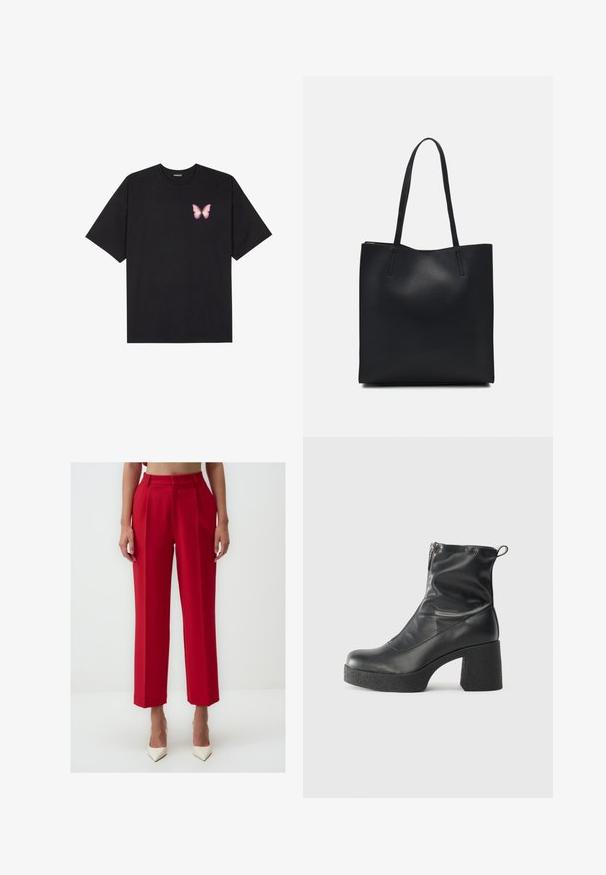Schwarzes Baumwoll-T-Shirt mit kurzen Ärmeln, das ein kleines pinkes Schmetterlingsmotiv auf der linken Brust zeigt. Crewneck-Design mit einem entspannten Schnitt.; Rote maßgeschneiderte Hosen mit hoher Taille, gefältelter Vorderseite, geraden Beinen und einer glatten Stoffstruktur. Getragen mit weißen spitzen Absätzen.; Schwarze Stiefeletten aus glattem Leder mit seitlichem Reißverschluss, klobigem strukturiertem Absatz und runder Zehenform.; Schwarze Laptoptasche aus Leder mit glatter Textur, rechteckiger Form und zwei langen Griffen. Keine sichtbaren Beschläge oder Verzierungen.