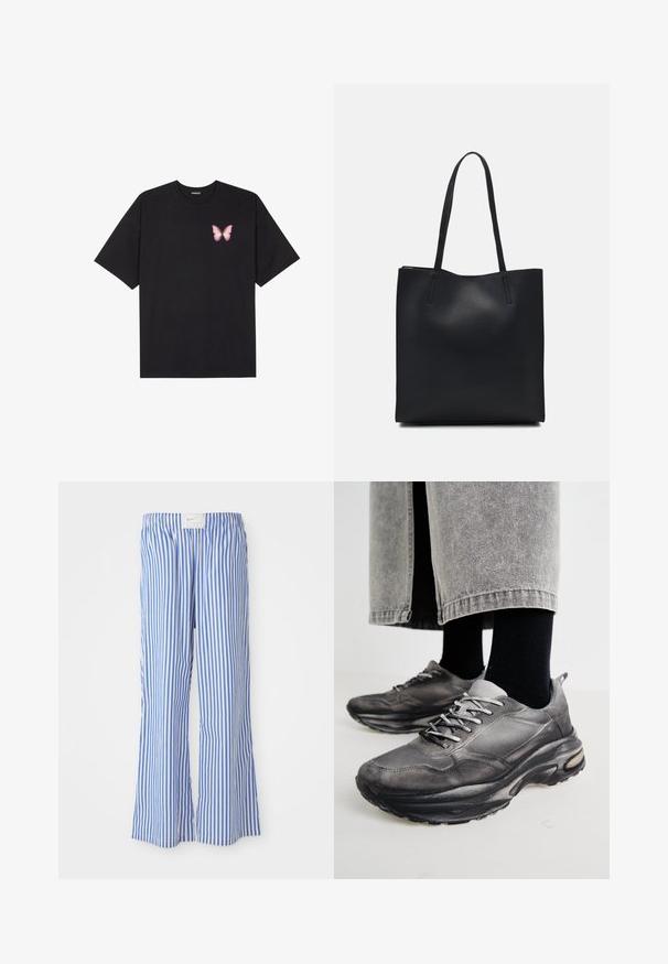 Czarny bawełniany t-shirt z krótkim rękawem, z małym różowym motylkiem na lewej piersi. Klasyczny dekolt z luźnym fasonem.; Niebieskie i białe spodnie w paski o luźnym kroju, wykonane z lekkiego materiału, z elastycznym pasem i dyskretną metką z logo.; Czarno-szare buty sportowe mają siatkową cholewkę, grube podeszwy i sznurowadła. Mają zaokrąglony nosek i widoczną poduszkę amortyzującą.; Czarna skórzana torba tote o gładkiej fakturze, prostokątnym kształcie i dwóch długich uchwytach. Brak widocznych elementów metalowych i ozdób.