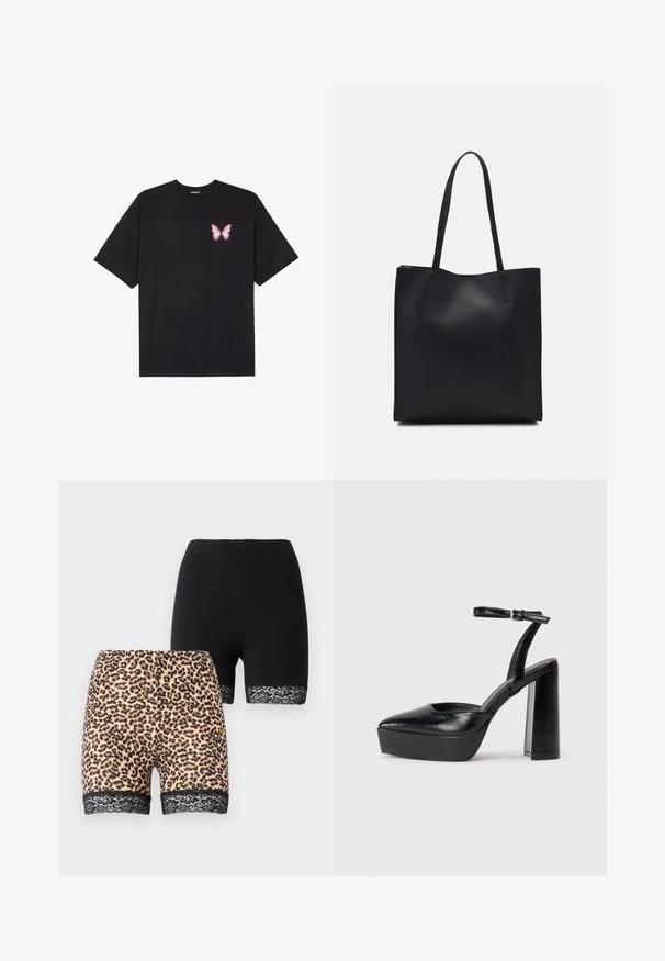 Black cotton t-shirt with short sleeves, featuring a small pink butterfly graphic on the left chest. Crew neck design with a relaxed fit.; Two pairs of shorts: one in solid black fabric, the other in a tan leopard print with a black lace trim at the hem. Both are mid-length.; Black platform heels with a pointed toe and adjustable ankle strap. Constructed from smooth leather, featuring a chunky block heel.; Black leather tote bag with smooth texture, rectangular shape, and two long handles. No visible hardware or embellishments.