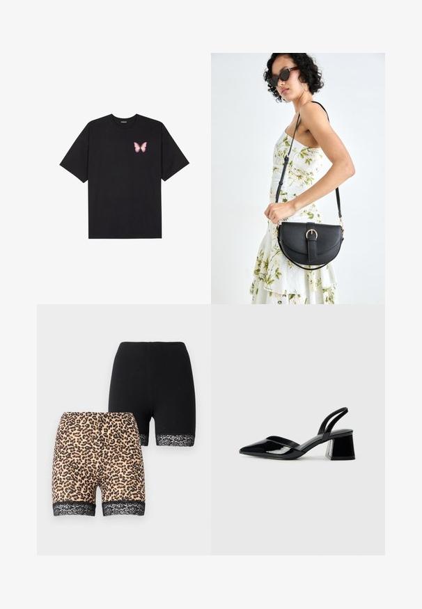Camiseta de algodón negra de manga corta, con un pequeño gráfico de mariposa rosa en el lado izquierdo del pecho. Diseño de cuello redondo con un corte relajado.; Dos pares de pantalones cortos: uno en tela negra lisa y el otro en un estampado de leopardo color marrón claro con un ribete de encaje negro en el dobladillo. Ambos son de longitud media.; Zapatos de tacón slingback de charol negro con punta afilada y tacón geométrico en bloque. Presentan un diseño elegante y minimalista, así como una textura suave.; Bolso de piel negra con forma curva, correa desmontable y herrajes dorados. El bolso cuenta con una solapa con un detalle de hebilla.