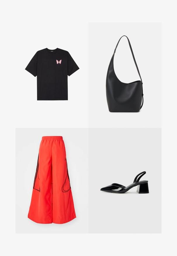 Čierne bavlnené tričko s krátkymi rukávmi, s malým ružovým motýlikom na ľavej hrudi. Design s okrúhlym výstrihom a uvoľneným strihom.; Červené nohavice s širokým strihom majú elastický pás, kontrastné čierne bočné pruhy a dva vonkajšie vrecká s oblými otvormi.; Čierne lakované kožené sandálové podpätky s špicatou špičkou a geometrickým blokovým podpätkom. Disponujú elegantným, minimalistickým dizajnom a hladkým povrchom.; Čierna kožená hobo taška so hladkou textúrou, zakriveným tvarom a jedným nastaviteľným popruhom; má široké otvorenie na vrchu.