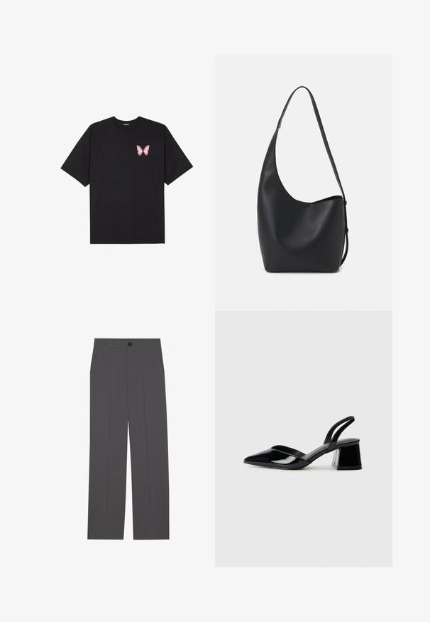 Black cotton t-shirt with short sleeves, featuring a small pink butterfly graphic on the left chest. Crew neck design with a relaxed fit.; Grey trousers with a straight leg design, featuring two side pockets and a button closure. Smooth fabric with no visible patterns or accents.; Black patent leather slingback heels with a pointed toe and a geometric block heel. Features a sleek, minimal design and smooth texture.; Black leather hobo bag with a smooth texture, curved shape, and single adjustable strap; features a wide opening at the top.