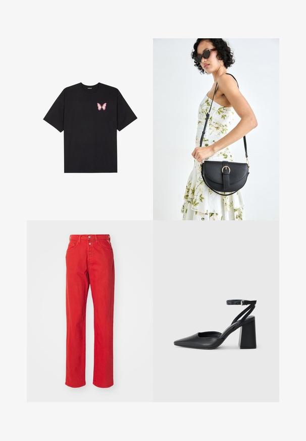 Black cotton t-shirt with short sleeves, featuring a small pink butterfly graphic on the left chest. Crew neck design with a relaxed fit.; Red denim trousers with a straight leg design, high waist, button fly, and five pockets. The fabric features a smooth texture with no visible patterns.; Black leather pointy-toe pump with an ankle strap and a chunky heel. Flat texture, sleek design, and minimalistic aesthetics.; Black leather handbag with a curved shape, detachable strap, and gold hardware. The bag features a flap with a buckle detail.