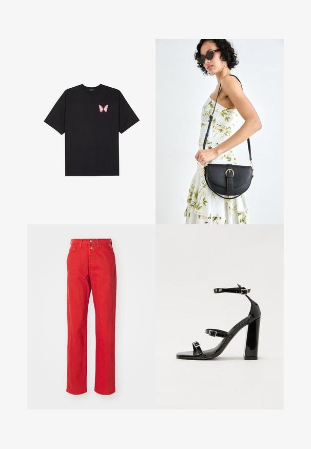 Black cotton t-shirt with short sleeves, featuring a small pink butterfly graphic on the left chest. Crew neck design with a relaxed fit.; Red denim trousers with a straight leg design, high waist, button fly, and five pockets. The fabric features a smooth texture with no visible patterns.; Black patent high-heeled sandals with two buckle straps, square toe, and a chunky block heel, featuring a smooth, glossy texture.; Black leather handbag with a curved shape, detachable strap, and gold hardware. The bag features a flap with a buckle detail.