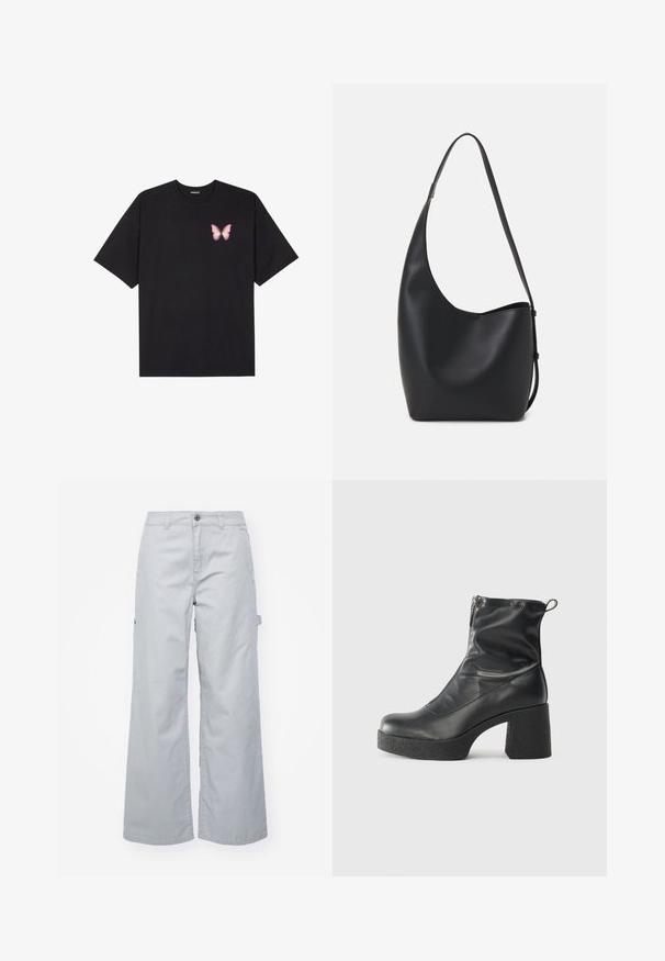 Camiseta de algodón negra de manga corta, con un pequeño gráfico de mariposa rosa en el lado izquierdo del pecho. Diseño de cuello redondo con un corte relajado.; Pantalones cargo grises de pierna ancha con cierre de botón, dos bolsillos laterales y un bolsillo con solapa. Hechos de un tejido duradero con una textura suave.; Botines negros de tobillo, hechos de cuero suave, con cierre lateral, tacón grueso texturizado y diseño de punta redondeada.; Bolso tipo hobo de cuero negro con una textura suave, forma curvada y una sola correa ajustable; presenta una amplia apertura en la parte superior.