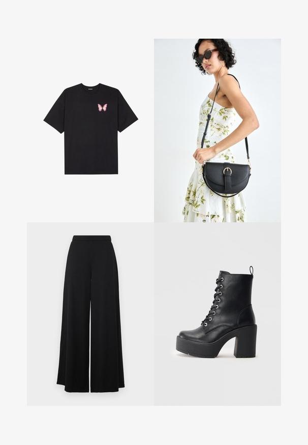 Tricou negru din bumbac cu mâneci scurte, având pe partea stângă a pieptului un mic grafic cu un fluture roz. Design cu guler rotund și croială lejeră.; Pantaloni negri evazați cu talie plată. Confecționați dintr-un material fin și ușor, având o siluetă fluidă. Fără buzunare sau embellishments.; Cizmă din piele neagră până la gleznă, cu toc chunky și un aspect texturat, având sistem de prindere cu șireturi în partea din față. Include o bandă în spate pentru o purtare ușoară.; Geantă din piele neagră, cu o formă curbată, curea detașabilă și accesorii aurii. Geanta are un capac cu un detaliu tip cataramă.