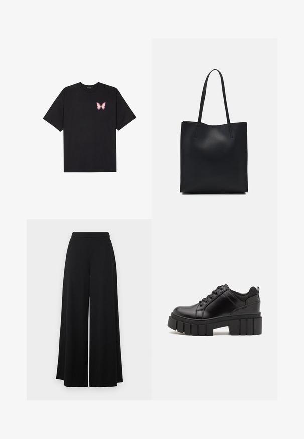 Black cotton t-shirt with short sleeves, featuring a small pink butterfly graphic on the left chest. Crew neck design with a relaxed fit.; Black wide-leg pants with a flat waistband. Made of a smooth, lightweight fabric, featuring a flowing silhouette. No pockets or embellishments.; Black leather platform shoes with a chunky block heel, round toe, and traditional lace-up design. Features smooth texture and minimal detailing.; Black leather tote bag with smooth texture, rectangular shape, and two long handles. No visible hardware or embellishments.