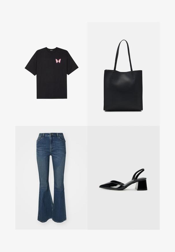 Black cotton t-shirt with short sleeves, featuring a small pink butterfly graphic on the left chest. Crew neck design with a relaxed fit.; Wrangler FIERCE - Flared Jeans - phoenix; Black patent leather slingback heels with a pointed toe and a geometric block heel. Features a sleek, minimal design and smooth texture.; Black leather tote bag with smooth texture, rectangular shape, and two long handles. No visible hardware or embellishments.