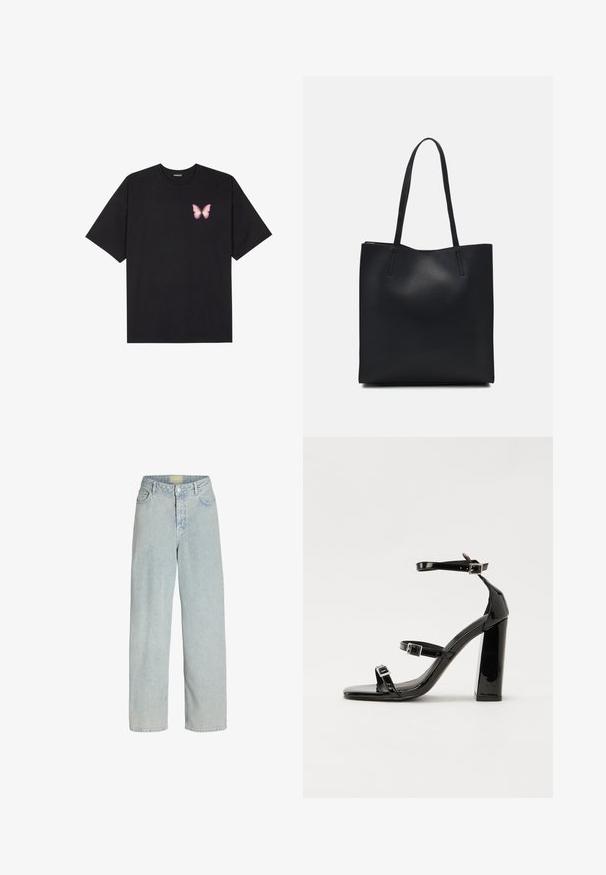 Črna bombažna majica s kratkimi rokavi, ki ima majhen roza metuljček na levi strani prsnega dela. Majica s krožnim ovratnikom in sproščenim krojem.; Svetlo modri kavbojki širokega kroja z visokim pasom, sprednjimi žepari ter gumbom za zapiranje. Tkanina ima mehak, rahlo teksturiran videz.; Črne lakaste sandale z visokimi petami, z dvema trakovoma z zaponkama, kvadratnim sprednjim delom in masivno širšo peto, z gladko, sijočo teksturo.; Črna usnjena torba s svilnato teksturo, pravokotne oblike in dvema dolgima ročajema. Brez vidnih metalnih delov ali okrasnih elementov.