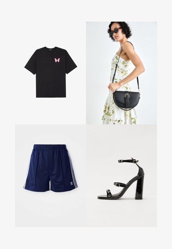 T-shirt de algodão preto com mangas curtas, apresentando um pequeno gráfico de borboleta rosa no lado esquerdo do peito. Design de gola redonda com um corte solto.; Bermudas atléticas azul-marinho feitas de um material leve, com riscas brancas nas laterais e um logótipo bordado na parte inferior esquerda. Cintura elástica.; Sandálias pretas de verniz com salto alto, duas fivelas, biqueira quadrada e salto largo, apresentando uma textura lisa e brilhante.; Bolsa de couro preta com forma curva, alça destacável e detalhes em dourado. A bolsa possui uma aba com detalhe de fivela.