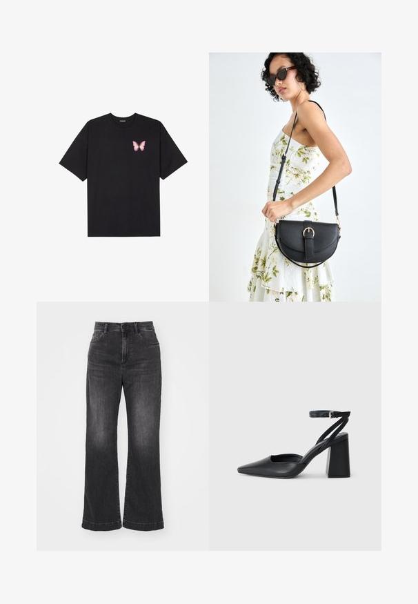 T-shirt de algodão preto com mangas curtas, apresentando um pequeno gráfico de borboleta rosa no lado esquerdo do peito. Design de gola redonda com um corte solto.; Jeans de denim pretos de perna larga com uma cintura alta, design de cinco bolsos e textura desbotada. Apresenta um fecho com botão e zíper.; Sandal com biqueira afilada em couro preto, com cinta no tornozelo e salto grosso. Textura lisa, design elegante e estética minimalista.; Bolsa de couro preta com forma curva, alça destacável e detalhes em dourado. A bolsa possui uma aba com detalhe de fivela.