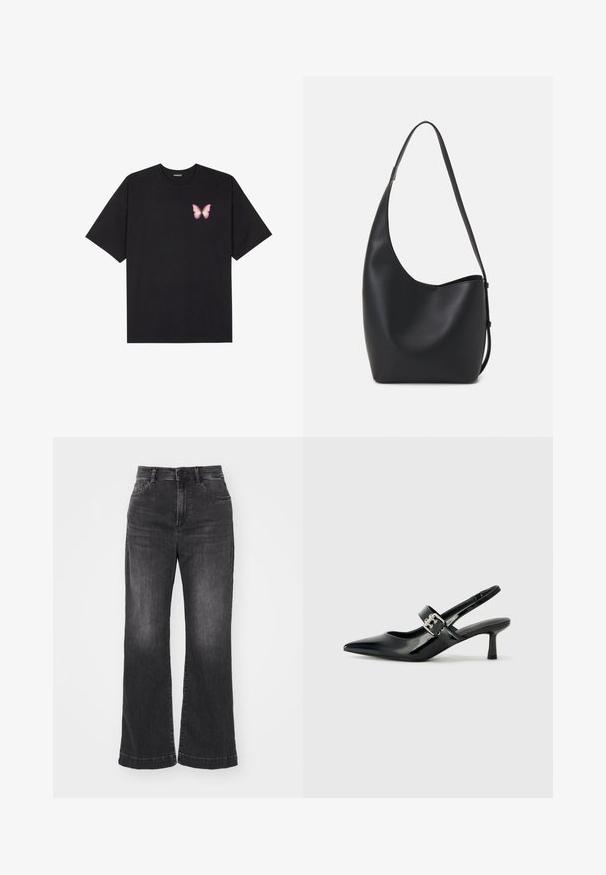 Juodas medvilnės marškinėliai trumpomis rankovėmis, su maža rožine drugelio grafika kairėje krūtinės pusėje. Apvalus kaklo iškirpimas, laisvas kirpimas.; Plati džinsai su aukštu juosmeniu, penkių kišenių dizainu ir nusidėvėjusia tekstūra. Yra mygtuko ir užtrauktuko uždarymas.; Juodai lakuoti slingback aukštakulniai su smailiu kojų pirštu ir mažais blokiniais kulniukais, su sidabro sagtimi ant dirželio.; Juodas odinis hobo maišas su lygiu paviršiumi, kreipta forma ir viena reguliuojama rankena; turi platų atidarymą viršuje.