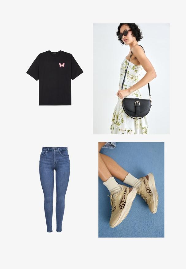 Musta puuvillapaita lyhyillä hihoilla, jossa on pieni vaaleanpunainen perhosgrafiikka vasemmassa rinnassa. Pyöreä kaula-aukko ja rento istuvuus.; Sininen korkeavyötäröinen kapea farkut, joissa on etutaskut, nappi-, vetoketjusuljenta ja vyölenkit, esitellään valkoista taustaa vasten.; Jalat ristissä, beigeissä Puma-tennareissa, joissa leopardikuvioiset raidat ja röyhelöiset kermanväriset sukat, sinisellä matolla.; Musta nahkainen käsilaukku, joka on kaareva muotoilultaan, irrotettavalla hihnalla ja kultaisilla yksityiskohdilla. Laukussa on läppä, jossa on solk yksityiskohta.