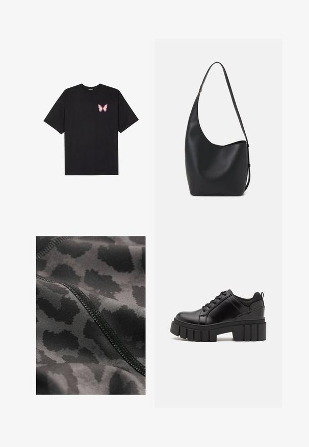 Juodas medvilnės marškinėliai trumpomis rankovėmis, su maža rožine drugelio grafika kairėje krūtinės pusėje. Apvalus kaklo iškirpimas, laisvas kirpimas.; Juoda sportinė medžiaga su subtilia leopardų rašto tekstūra. Lygi paviršiaus faktūra su matomomis siūlėmis palei kraštus.; Juodi odiniai platformos batai su masyviu blokuota kulniuku, apvalia nosimi ir tradiciniu šnypštimo dizainu. Turintys glotnų paviršių ir minimalų dekoravimą.; Juodas odinis hobo maišas su lygiu paviršiumi, kreipta forma ir viena reguliuojama rankena; turi platų atidarymą viršuje.