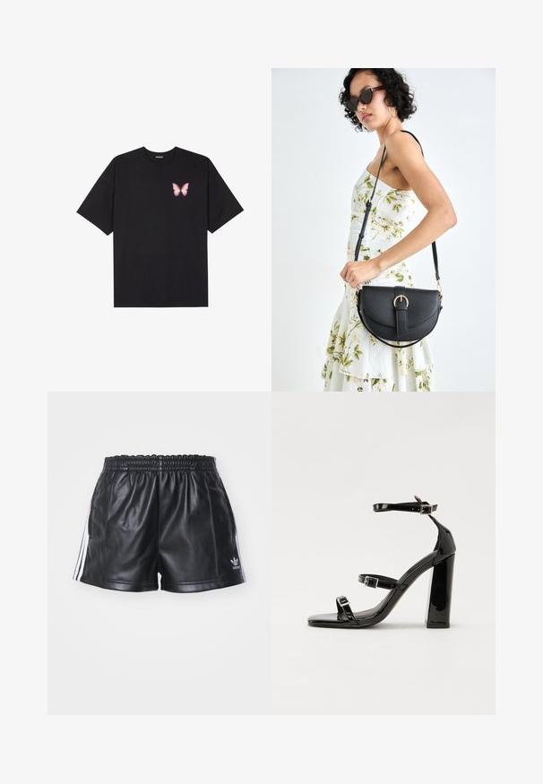 Fekete pamut póló rövid ujjakkal, bal mellkason egy kis rózsaszín pillangó grafikával. Kerek nyakú kialakítás, laza fazonnal.; adidas Originals Rövidnadrágok - black; Fekete lakk magas sarkú szandál négyzet alakú orral, bokapántokkal és ezüst csatokat tartalmaz. Masszív blokk sarka a stabilitásért felel.; Fekete bőrtáska ívelt formával, levehető pánttal és arany színű fémrészekkel. A táskán egy csattal díszített fedél található.