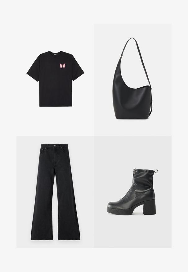 Černé bavlněné tričko s krátkým rukávem, na levém prsou s malou grafikou růžové motýlky. Design s kruhovým výstřihem a volným střihem.; Černé široké džínové kalhoty vyrobené z texturovaného denimu, s knoflíkovým zapínáním, poutky na opasek a předními kapsami. Hladký povrch s volným střihem.; Černé kotníkové boty vyrobené z hladké kůže, s bočním zipem, robustním strukturovaným podpatkem a kulatou špičkou.; Černá kožená hobo taška s hladkým povrchem, zakřiveným tvarem a jedním nastavitelným popruhem; má široké otevírání nahoře.