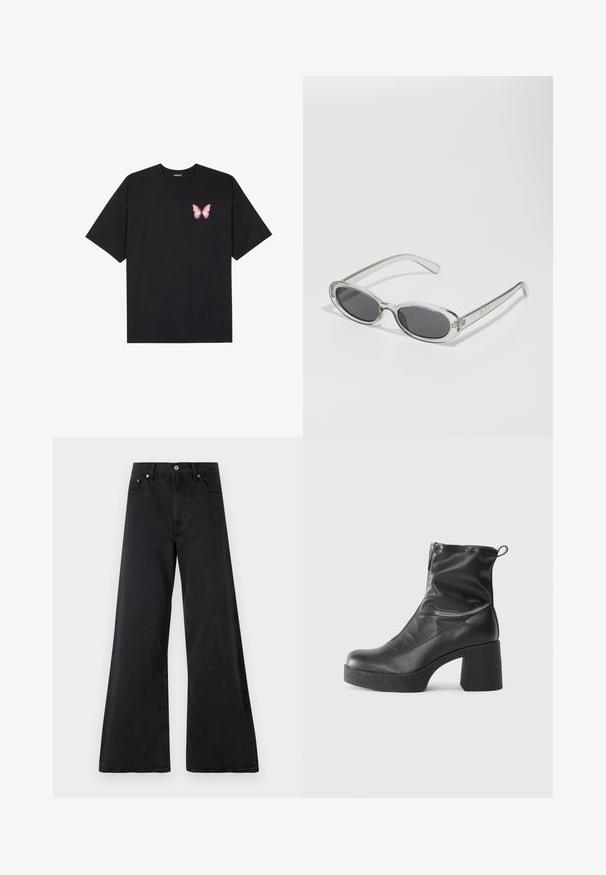 T-shirt de algodão preto com mangas curtas, apresentando um pequeno gráfico de borboleta rosa no lado esquerdo do peito. Design de gola redonda com um corte solto.; Calças largas pretas em denim texturizado, com fecho de botão, passantes para cinto e bolsos frontais. Acabamento suave com um caimento solto.; Botas de tornozelo pretas feitas de couro liso, com fecho lateral, salto grosso texturizado e design de bico arredondado.; Óculos de sol com formato oval, armação de plástico transparente, lentes cinza-escuro e hastes finas transparentes com detalhes do logótipo e um design minimalista.