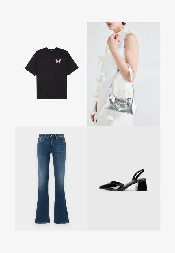 Black cotton t-shirt with short sleeves, featuring a small pink butterfly graphic on the left chest. Crew neck design with a relaxed fit.; Blue denim high-waist jeans with slight fading, front pockets, button, zipper, and flared legs against a plain light background.; Black patent leather slingback heels with a pointed toe and a geometric block heel. Features a sleek, minimal design and smooth texture.; Silver metallic handbag with a structured shape, featuring a top handle and bow detail on the front. Smooth texture, reflective finish.