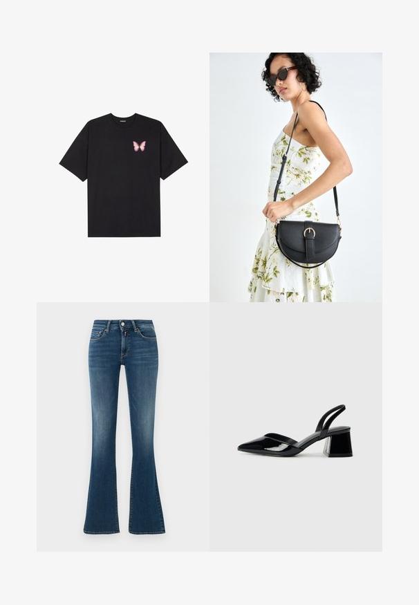Black cotton t-shirt with short sleeves, featuring a small pink butterfly graphic on the left chest. Crew neck design with a relaxed fit.; Blue denim high-waist jeans with slight fading, front pockets, button, zipper, and flared legs against a plain light background.; Black patent leather slingback heels with a pointed toe and a geometric block heel. Features a sleek, minimal design and smooth texture.; Black leather handbag with a curved shape, detachable strap, and gold hardware. The bag features a flap with a buckle detail.