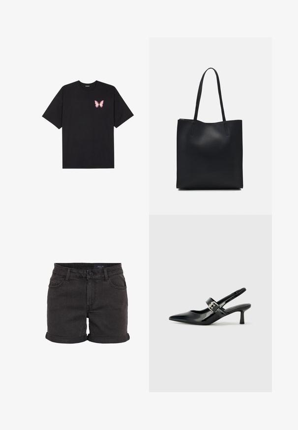 Črna bombažna majica s kratkimi rokavi, ki ima majhen roza metuljček na levi strani prsnega dela. Majica s krožnim ovratnikom in sproščenim krojem.; Črne denim kratke hlače s zvitimi robovi, ki imajo pet žepov in gumbasto zapiranje v pasu. Gladka tekstura, sproščen kroj.; Črne patent usnjene slingback pete s koničastim nosom in majhnim blok peto, ki vključujejo srebrno zaponko na traku.; Črna usnjena torba s svilnato teksturo, pravokotne oblike in dvema dolgima ročajema. Brez vidnih metalnih delov ali okrasnih elementov.