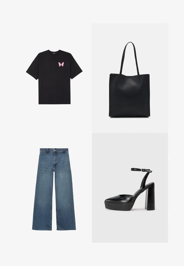 Black cotton t-shirt with short sleeves, featuring a small pink butterfly graphic on the left chest. Crew neck design with a relaxed fit.; Wide-leg blue denim jeans with a high waist, featuring a button and zipper closure, and a smooth, textured fabric finish.; Black platform heels with a pointed toe and adjustable ankle strap. Constructed from smooth leather, featuring a chunky block heel.; Black leather tote bag with smooth texture, rectangular shape, and two long handles. No visible hardware or embellishments.