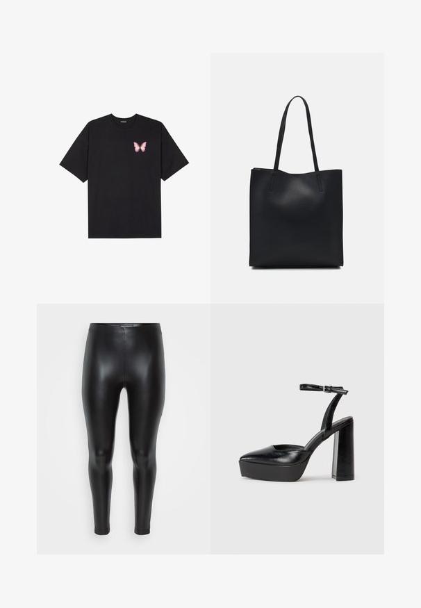 T-shirt de algodão preto com mangas curtas, apresentando um pequeno gráfico de borboleta rosa no lado esquerdo do peito. Design de gola redonda com um corte solto.; Leggings de imitação de couro pretos com uma textura lisa e brilhante e um design justo, apresentando uma cintura elástica e uma silhueta elegante.; Saltos altos pretos com bico fino e atilho ajustável no tornozelo. Confeccionados em couro suave, apresentam um salto bloco robusto.; Bolsa tote preta em couro com textura lisa, forma retangular e duas alças longas. Sem hardware ou enfeites visíveis.