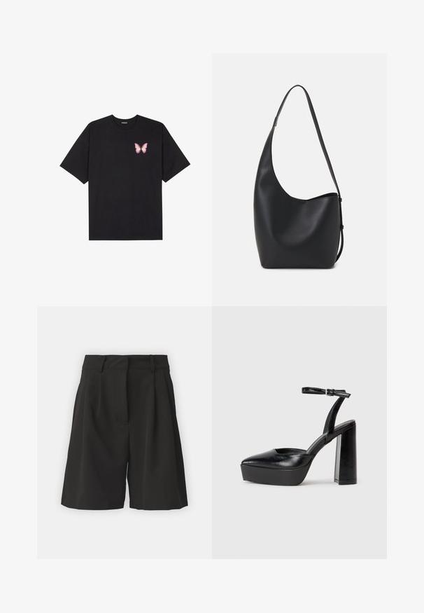 Camiseta de algodón negra de manga corta, con un pequeño gráfico de mariposa rosa en el lado izquierdo del pecho. Diseño de cuello redondo con un corte relajado.; Pantalones cortos negros con un diseño ajustado, que presentan pliegues en la parte delantera, una cinturilla ancha y una textura suave. Sin bolsillos visibles.; Zapatos de tacón negro con punta afilada y correa ajustable en el tobillo. Confeccionados en cuero suave, presentan un tacón grueso.; Bolso tipo hobo de cuero negro con una textura suave, forma curvada y una sola correa ajustable; presenta una amplia apertura en la parte superior.