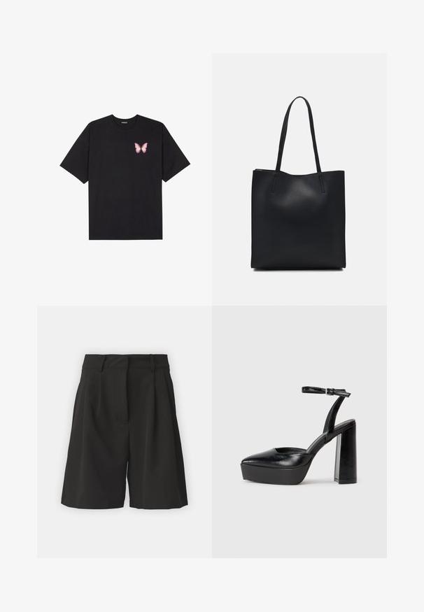 Black cotton t-shirt with short sleeves, featuring a small pink butterfly graphic on the left chest. Crew neck design with a relaxed fit.; Black shorts with a tailored design, featuring pleats at the front, a wide waistband, and a smooth texture. No visible pockets.; Black platform heels with a pointed toe and adjustable ankle strap. Constructed from smooth leather, featuring a chunky block heel.; Black leather tote bag with smooth texture, rectangular shape, and two long handles. No visible hardware or embellishments.