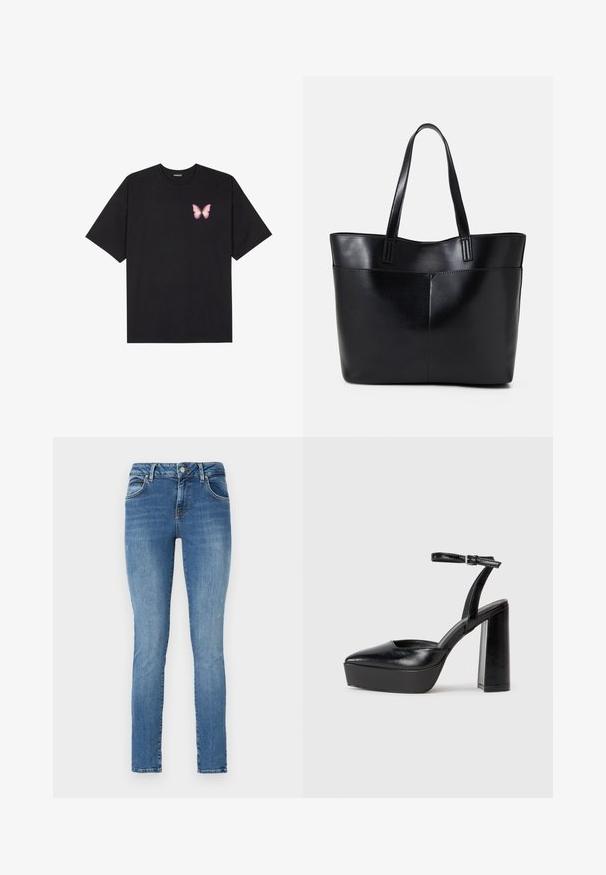 Black cotton t-shirt with short sleeves, featuring a small pink butterfly graphic on the left chest. Crew neck design with a relaxed fit.; Skinny jeans made of blue denim with a faded finish, featuring five pockets, belt loops, and a zip fly with button closure.; Black platform heels with a pointed toe and adjustable ankle strap. Constructed from smooth leather, featuring a chunky block heel.; Black leather tote bag with two long handles, a smooth texture, and a structured shape. Features a front pocket for additional storage.
