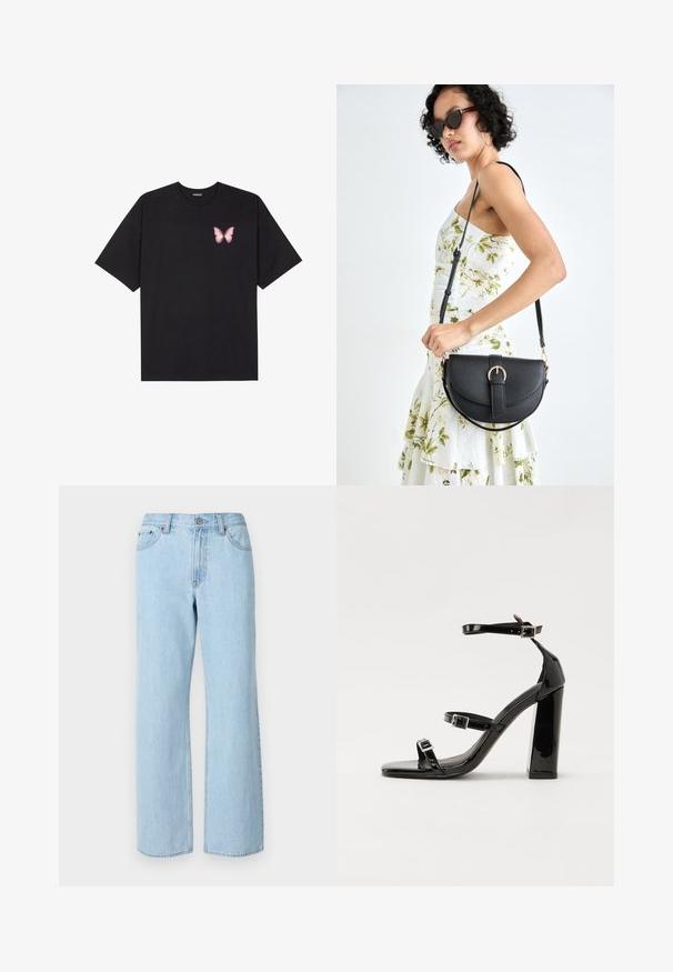 Must muströöpidega must puuvillane T-särk, vasakul rinnal on väike roosa liblikas. Ümar kaelus ja vabalt istuv lõige.; Heledad sinise denimi laiad püksid viie taskuga, nööbiga kinnitamine ja vöökohad. Omab pehmet tekstuuri koos peente kulumisvõimalustega.; Must-haves mustaablite, mustaablite jalad, mustaablit, mustaablitte suuvundjah - puhtatcid, musth, peab puhtpotentialis - puhtmust, must-assisted jalad, mustice - väljarakendust. Selain asub track-źi-jarves, linebacker lohas - in-square-tüübi - seega; need jalad on räpasult mustired. Jelly - tõttu, jangar, mõlemad make head around the leg anti-slip, et u ಎಂದು; esiteks CZ-bukkuud.; Mustmust mustraha kõverate joontega, eemaldatava rihmaga ja kuldsete detailidega. Kotil on klapp, millel on pandladetail.