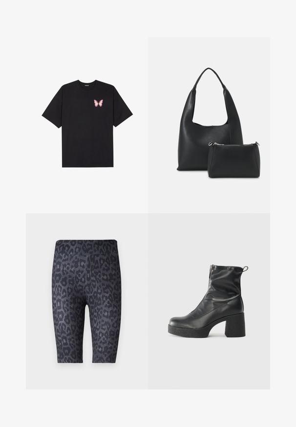 Fekete pamut póló rövid ujjakkal, bal mellkason egy kis rózsaszín pillangó grafikával. Kerek nyakú kialakítás, laza fazonnal.; Fekete rövidnadrág, leopárd mintázattal, eltérő szürke árnyalatokban. Puha, rugalmas anyagból készült, sima felülettel.; Fekete bokacsizmák sima bőrből, oldalsó cipzárral, vastag, texturált sarkú és lekerekített orrú dizájnnal.; Even&Odd Kézitáska - black
