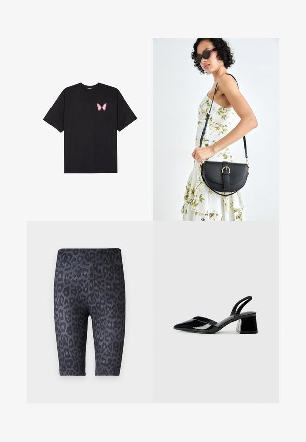 Juodas medvilnės marškinėliai trumpomis rankovėmis, su maža rožine drugelio grafika kairėje krūtinės pusėje. Apvalus kaklo iškirpimas, laisvas kirpimas.; Juodos šortai su leopardų raštu, iš įvairių pilkų atspalvių. Pagaminti iš minkštos, elastingos medžiagos su lygiu paviršiumi.; Juodos lakuotos odinės šlepetės su smailiu pirštu ir geometriniu bloko kulnu. Turi elegantišką, minimalistinį dizainą ir lygų paviršių.; Juodas odinis krepšys su išlenkta forma, nuimamu dirželiu ir auksiniais detalėmis. Krepšys turi kilpą su sagtimi.