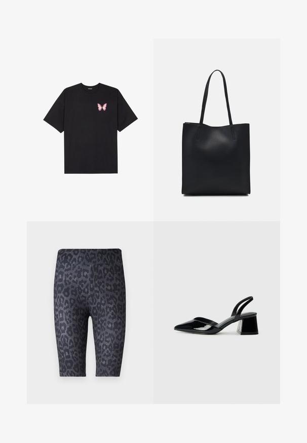 Čierne bavlnené tričko s krátkymi rukávmi, s malým ružovým motýlikom na ľavej hrudi. Design s okrúhlym výstrihom a uvoľneným strihom.; Čierne šortky s leopardím vzorom v rôznych odtieňoch šedej. Vyrobené z mäkkého, elastického materiálu s hladkou textúrou.; Čierne lakované kožené sandálové podpätky s špicatou špičkou a geometrickým blokovým podpätkom. Disponujú elegantným, minimalistickým dizajnom a hladkým povrchom.; Čierna kožená taška na rameno s hladkým povrchom, obdĺžnikovým tvarom a dvoma dlhými uchami. Bez viditeľného kovania alebo ozdôb.