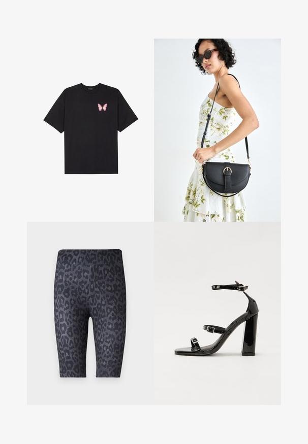 T-shirt de algodão preto com mangas curtas, apresentando um pequeno gráfico de borboleta rosa no lado esquerdo do peito. Design de gola redonda com um corte solto.; Calças curtas pretas com um padrão de estampa de leopardo em diferentes tons de cinza. Feitas de um tecido macio e elástico com uma textura suave.; Sandálias pretas de verniz com salto alto, duas fivelas, biqueira quadrada e salto largo, apresentando uma textura lisa e brilhante.; Bolsa de couro preta com forma curva, alça destacável e detalhes em dourado. A bolsa possui uma aba com detalhe de fivela.