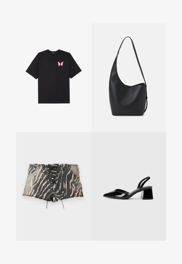 T-shirt en coton noir à manches courtes, avec un petit graphique de papillon rose sur la poitrine gauche. Modèle à col rond avec une coupe décontractée.; Shorts en denim avec un imprimé zèbre noir et beige, présentant un devant à lacets, un ourlet effiloché et des poches de chaque côté.; Escarpins en cuir verni noir avec bout pointu et talon bloc géométrique. Présente un design élégant et minimaliste ainsi qu'une texture lisse.; Sac hobo en cuir noir avec une texture lisse, une forme incurvée et une seule sangle réglable ; dispose d'une large ouverture en haut.